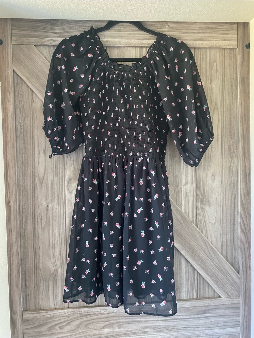 Truly Me Black Dress with Pink Floral Print and Puff Sleeves
